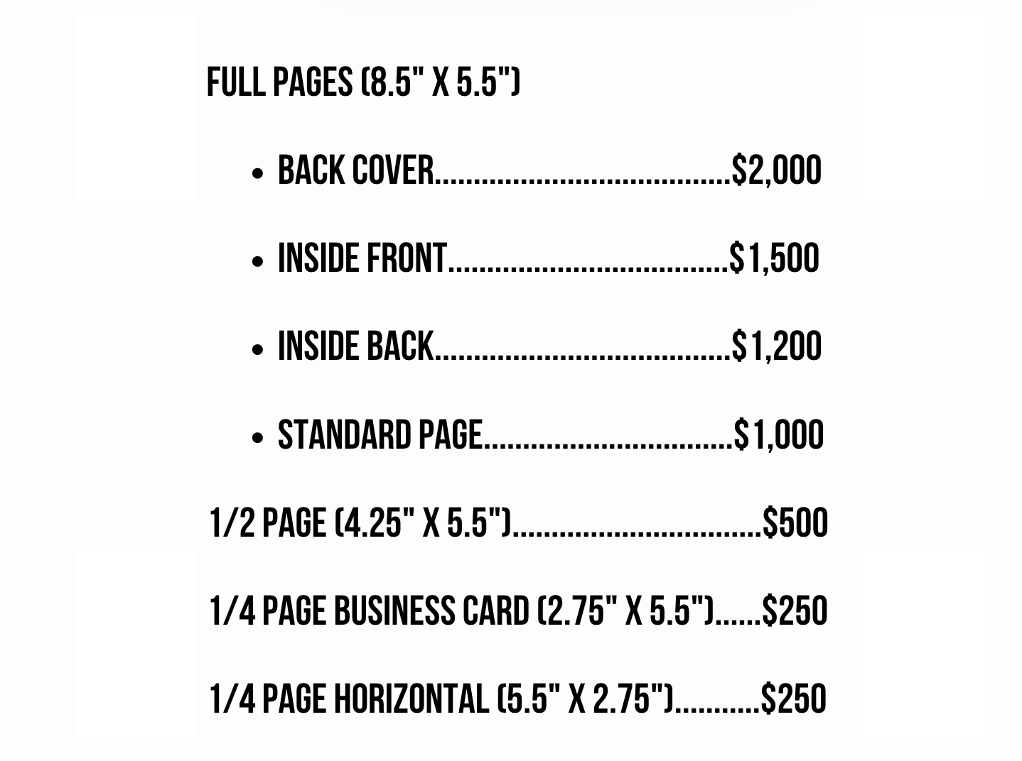 WJFF 2026 Program Ad pricing — full page, half page, and quarter page options