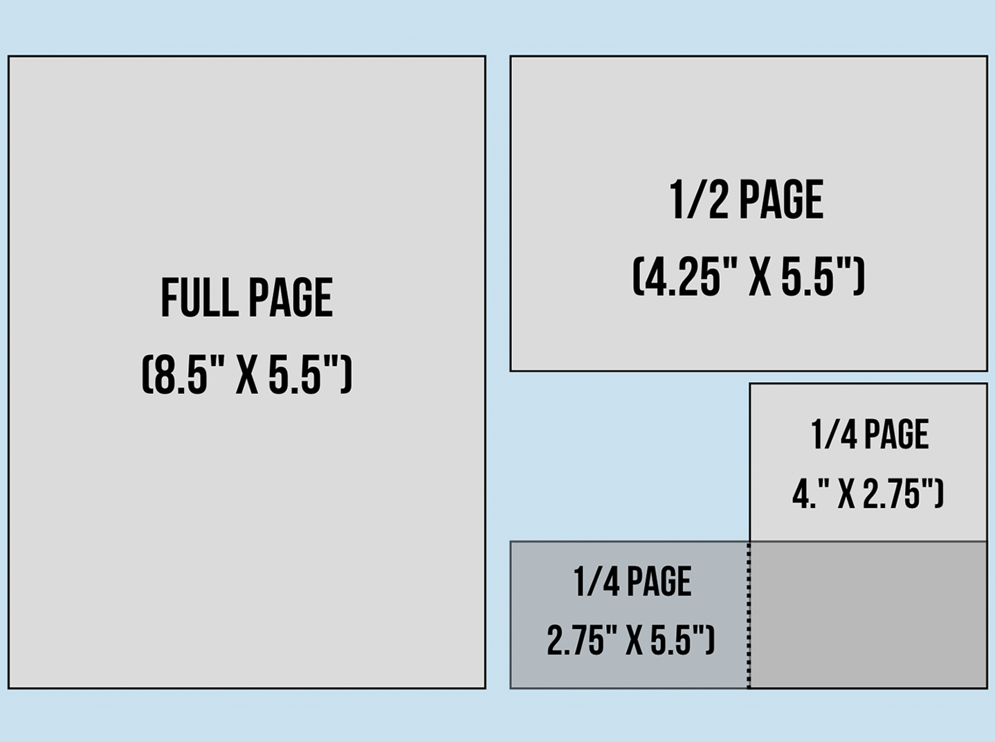 WJFF 2026 Program Ad size guide — full page, half page, and quarter page dimensions