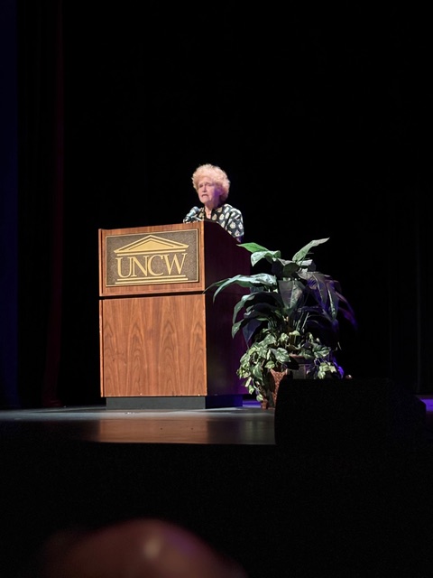 Ambassador Deborah E. Lipstadt speaking at the UNCW podium